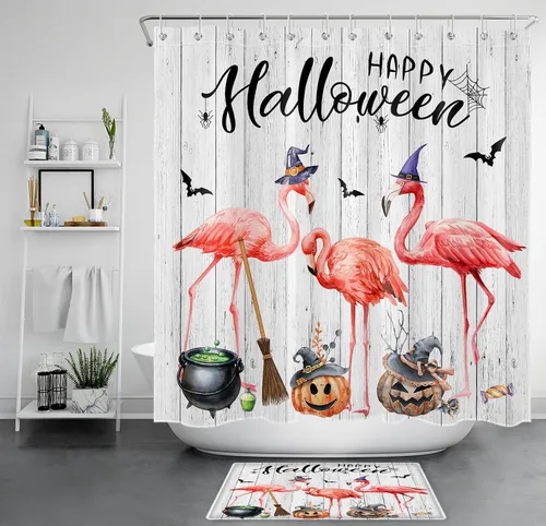 Vista 29 de LB Cortina de ducha de feliz Halloween para baño, flamenco rosa y calabaza naranja con sombrero mágico, cortina de ducha de tela con ganchos, juego