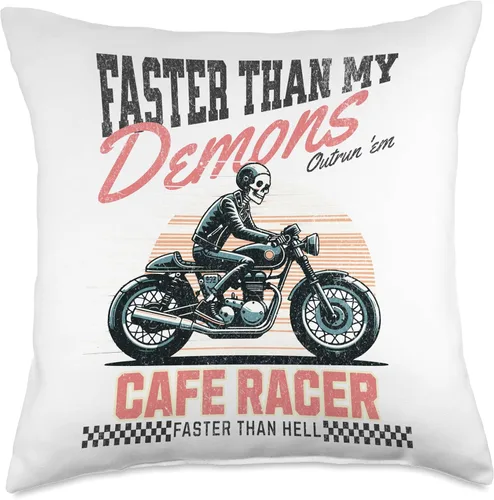 Vista 4 de Skeleton And Charm Clothing Co Cafe Racer Faster Than Hell, Outrun Your Demons Throw Pillow, 16x16, Multicolor