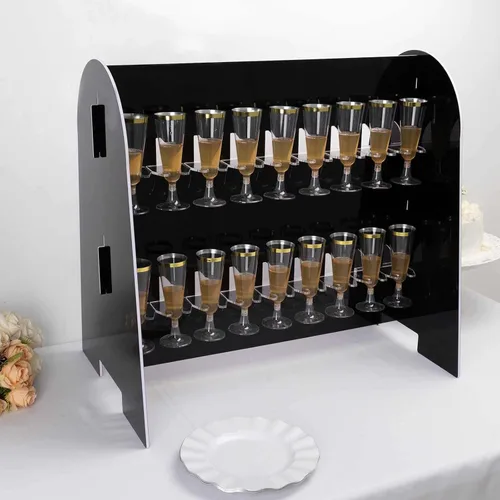 Vista 5 de Tableclothsfactory Estante para copas de vino de 2 niveles con acabado de espejo negro, soporte de espuma para 18 flautas de champán, 25 pulgadas