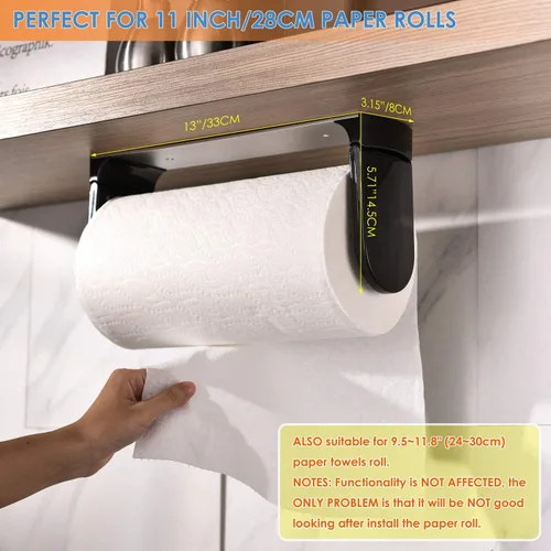 Vista 4 de Simpletome - Toallero de papel para colocar debajo del gabinete con adhesivo o perforación, aleación de aluminio + ABS (negro) tension arms, tear