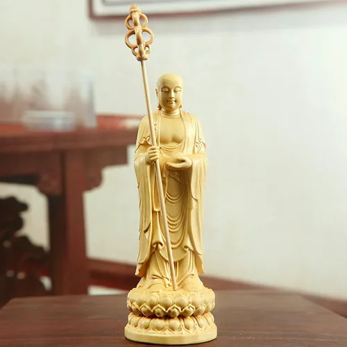 Vista 2 de Estatua de Buda de madera para decoración del hogar, te trae buena suerte, saludable, riqueza, éxito, 3.9 in