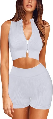 Vista 3 de Conjuntos de entrenamiento para mujer, conjuntos de 2 piezas, sin costuras, acanalados, con cremallera bidireccional, manga corta, pantalones cortos