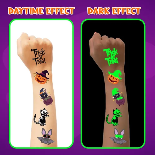 Vista 3 de ArtCreativity Tatuajes temporales individuales de Halloween que brillan en la oscuridad para niños, juego de 144 tatuajes en 12 diseños