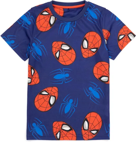 Vista 3 de Marvel Spider-Man - Paquete de 2 pijamas para niños, diseño de telaraña de superhéroe, máscara facial de personajes y pantalones cortos