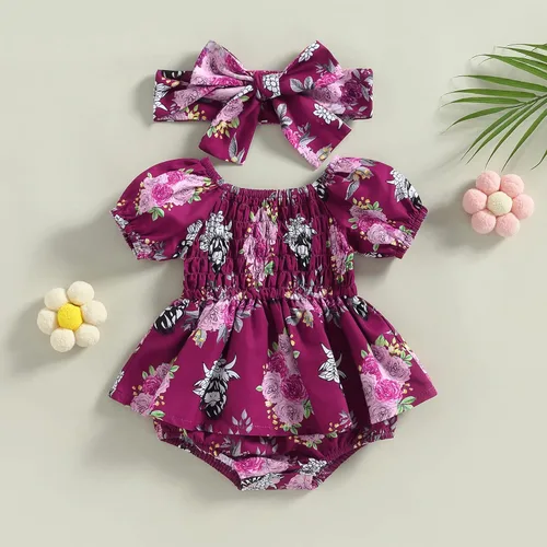 Vista 3 de Mameluco de verano para bebé, vestido de verano, camisola de lino y algodón, con diadema, sin mangas, estampado, conjunto de 2 piezas