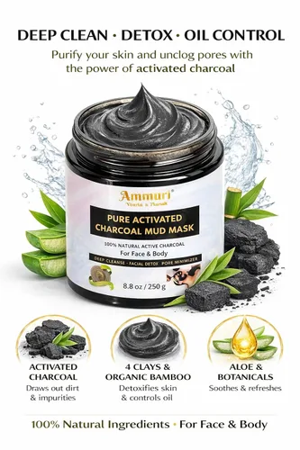 Vista 3 de Máscara de barro facial y corporal de carbón activado puro para hombres y mujeres, 8.82 oz - Tina extragrande para poros obstruidos, impurezas