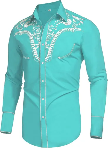 Vista 3 de Daupanzees Camisas bordadas de manga larga para hombre, ajustadas, casuales, con botones