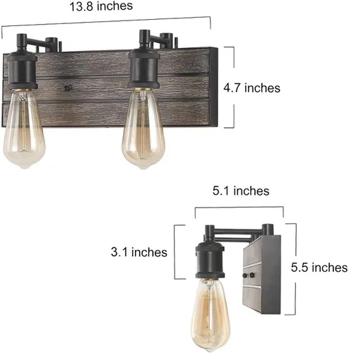 Vista 5 de LOG BARN Lámparas de baño de granja, 2 luces de tocador para baño, 13.8 pulgadas de madera sintética rústica, luces de iluminación sobre espejo
