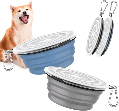 Vista 8 de Pawaboo Cuencos plegables 2 en 1 para perros, cuencos dobles para comida y agua, cuenco de silicona portátil de 180° con gancho de metal, comedero