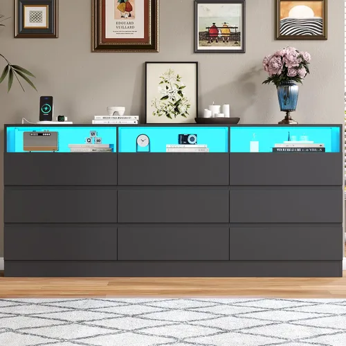 Vista 8 de Cómoda de 9 cajones con toma de corriente, cómoda moderna con luz LED, soporte de TV de madera, organizador de aparadores doble ancho para armario