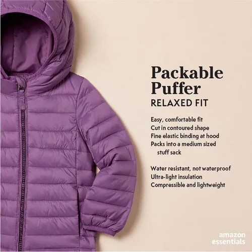 Vista 2 de Amazon Essentials Chaqueta acolchada con capucha ligera y resistente al agua para niñas y niños pequeños Negro