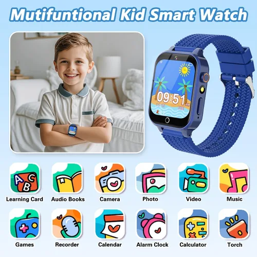 Vista 2 de Reloj inteligente para niños, regalo para niños de 3 a 12 años, 2 protectores de pantalla, 26 juegos de rompecabezas, cámara HD, video, reproductor