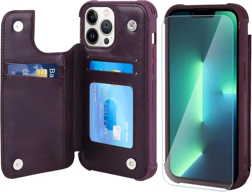 Vista 22 de VANAVAGY Funda tipo cartera compatible con iPhone 13 Mini para mujeres y hombres, funda de piel sintética con tapa para teléfono compatible con Negro