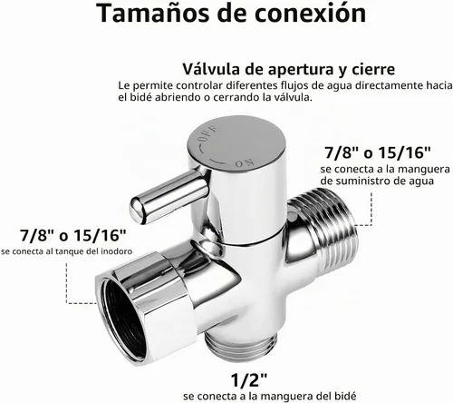 Vista 2 de Adaptador de bidé T con válvula de cierre: Válvula T de latón de 3 vías para bidé 7/8 "x 7/8" X 1/2" - Conector en T a prueba de fugas Ajuste