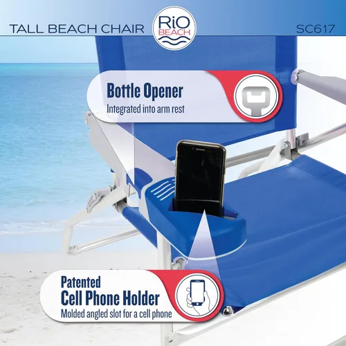 Vista 6 de Rio Brands Silla plegable de 17" de altura extendida con 4 posiciones para playa, camping y jardín, color azul/blanco/verde