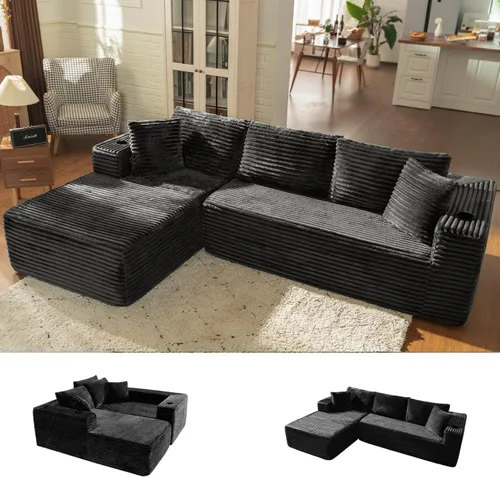Vista 9 de Sofá modular en forma de L de 106 pulgadas con diván, sofá de pana sin hueso con reposabrazos anchos y portavasos para sala de estar y dormitorio