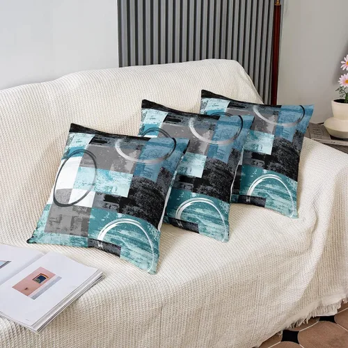 Vista 4 de Erosebridal Paquete de 4 fundas de almohada con diseño de círculos circulares y retro, color verde azulado degradado, fundas de cojín redondas Multi