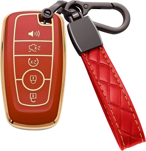 Vista 5 de Funda para llavero Ford de TPU suave con llavero de cuero, funda protectora completa compatible con Ford Explorer Mustang Fusion Escape F150 F250