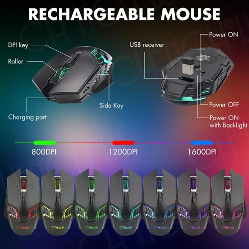 Vista 6 de CHONCHOW Combo de teclado y mouse inalámbricos para juegos, teclado recargable de 87 teclas con luz LED, mouse ergonómico inalámbrico