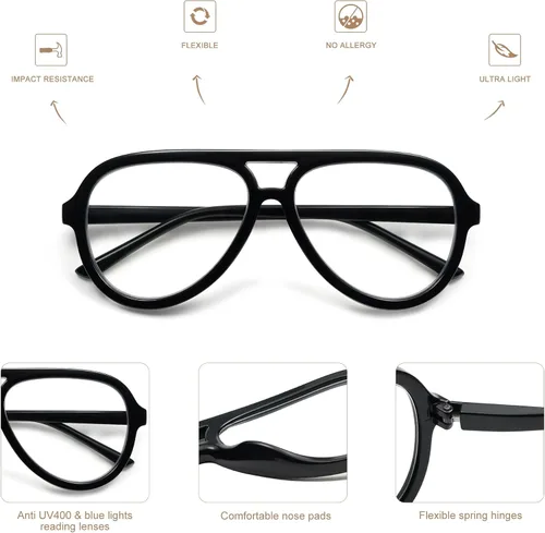 Vista 3 de AMOMOMA Paquete de 3 Gafas de Lectura Aviador Retro Extragrandes para Mujeres y Hombres, Marco Grande Clásico con Filtro de Luz Azul