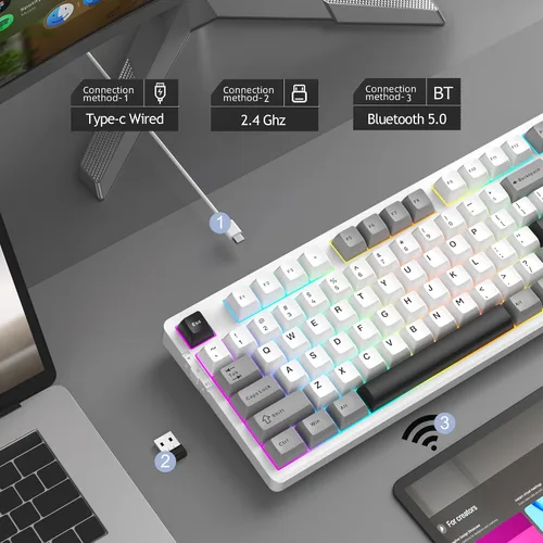 Vista 2 de MageGee LIGHT87 - Teclado inalámbrico cremoso, estructura de junta, teclados mecánicos intercambiables en caliente, teclado retroiluminado RGB