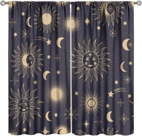 Vista 16 de Cortinas opacas con diseño de sol y luna, cuerpos celestes bohemios, con diseño de sol, luna y estrellas, para sala de estar, dormitorio, 42 x 45