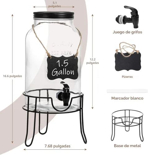 Vista 2 de Dispensadores de bebidas de vidrio de 1.5 galones para fiestas, dispensadores de bebidas heladas con soporte, dispensador de agua de vidrio