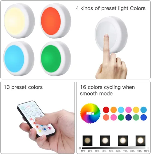 Vista 8 de HELPLEX - Luces LED de disco con control remoto, paquete de 3 luces adhesivas de color intercambiable RGBW, con pilas, iluminación regulable debajo