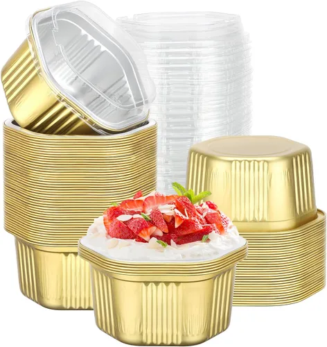 Vista 22 de Beasea Tazas desechables para hornear con tapas, juego de 50 unidades, 13.5 oz 400 ml, ramekins de aluminio con tapa de papel de aluminio, moldes
