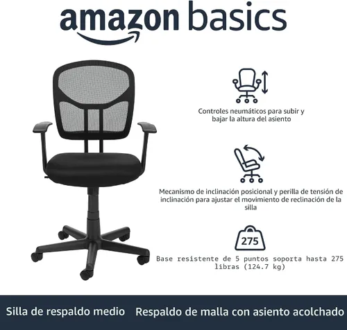 Vista 4 de Amazon Basics Silla de escritorio de oficina de malla transpirable con apoyabrazos, soporte lumbar, giro de 360 grados, altura ajustable, color negro