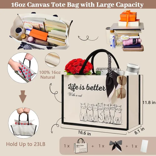 Vista 8 de Cute Tote Bags, 16Oz, 3 Pockets, Cat Large Canvas Tote Bags for Women, Anti-Scratch Lining Large Tote Bag with Zipper
