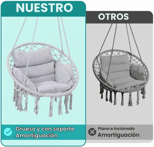 Vista 2 de KROFEM - Silla columpio de macramé, silla colgante para dormitorio, cojín grueso Gris ordinario