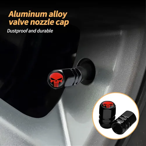 Vista 4 de TimNas 4 tapas de válvula de neumático de automóvil con forma de calavera, cubiertas de metal para sellar válvulas de polvo, tapa de núcleo