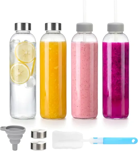 Vista 13 de Zukro Botellas de jugo de vidrio de 16 onzas, tapa de acero inoxidable a