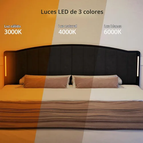 Vista 4 de Cabecero tapizado para cama matrimonial con luces, color negro Negro Terciopelo