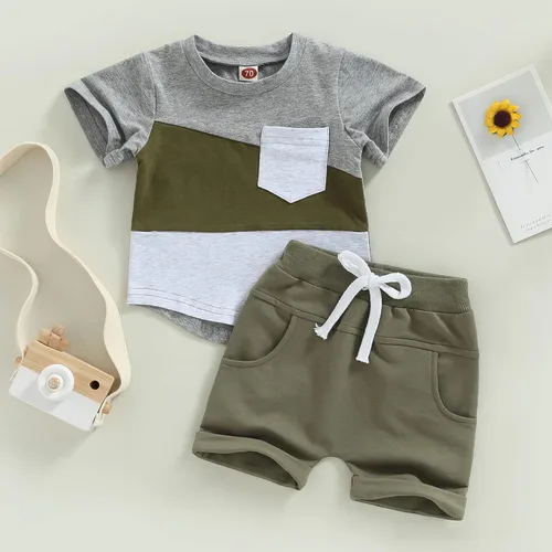 Vista 30 de Conjunto de ropa casual de manga corta con botones y pantalones cortos de lino para bebés y niños pequeños