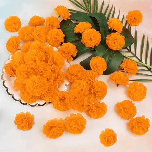 Vista 6 de 30 flores artificiales de caléndula de 2 pulgadas, cabezas de flores de caléndula de seda con tallos, flores naranjas artificiales para decoración