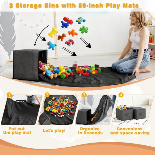 Vista 4 de Soporte para animales de peluche, estantería para niños con tapete de juego, almacenamiento de juguetes de madera con 2 cajones móviles y estantería