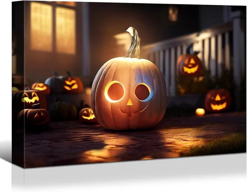 Vista 7 de BANHUA1 Decoración de pared de calabaza de Halloween, lienzo, arte de pared, pósteres para decoración del hogar, arte de pared, impresiones