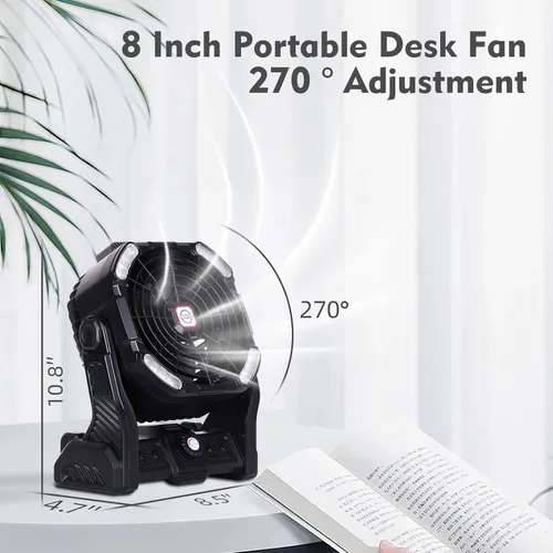 Vista 6 de RUNTOP Ventilador de 20000 mAh, funciona con pilas, ventilador de campamento de 2 aspas, ventiladores de escritorio recargables por USB con luz LED