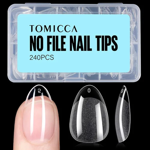Vista 13 de TOMICCA Puntas de uñas de almendra extra cortas, 240 unidades, 15 tamaños, puntas de uñas de gel transparente preformadas, no necesita lima, uñas