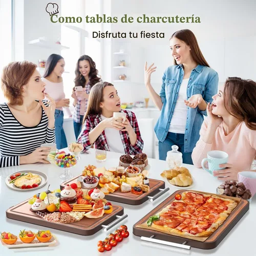 Vista 9 de Tabla de Cortar de Acero Inoxidable y Madera de Doble Cara Tablas de Cortar para Cocina - 2 en 1 Ébano Metal con Mango Resistente a Rayones Carne