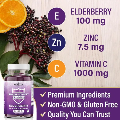 Vista 5 de NEW AGE Gomitas de apoyo al sistema inmunológico, gomitas Sambucus Black Elderberry con vitamina C y zinc (60 unidades (paquete de 1))