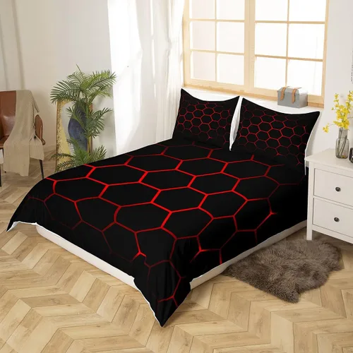 Vista 2 de Funda de edredón de panal para niños, hombres y niñas, juego de ropa de cama moderno con temática geométrica hexagonal, diseño de cuadrícula