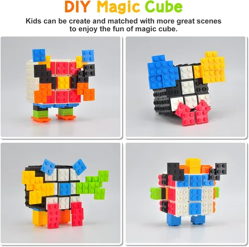Vista 4 de Speed Cube - Cubo de ladrillo integrado de 3 x 3 x 3 pulgadas con bloques de construcción, rompecabezas de cubo mágico, juguetes creativos