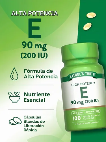 Vista 5 de Nature's Truth Cápsulas blandas de vitamina E 200 UI 100 cápsulas blandas Suplemento sin OMG y sin gluten