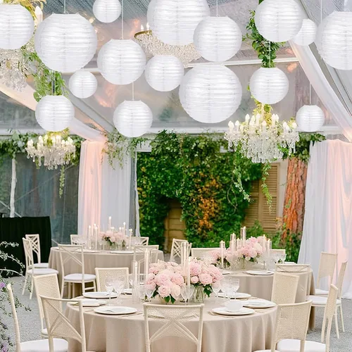 Vista 6 de Faroles de papel blanco redondos chinos para fiestas, decoración del hogar y bodas, varios tamaños de 6 pulgadas, 8 pulgadas, 10 pulgadas, 12
