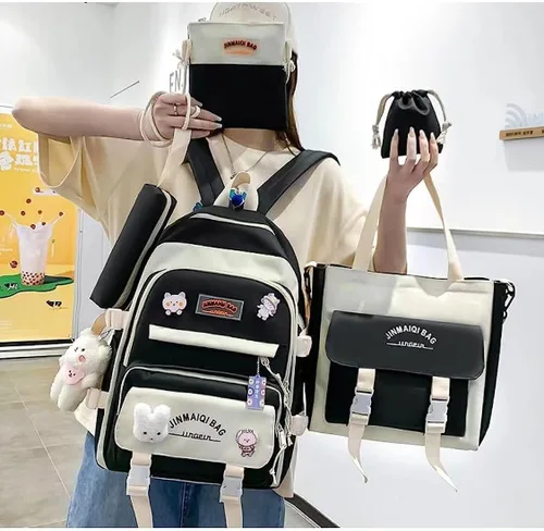 Vista 2 de Juego de 5 mochilas estéticas lindas con alfileres y colgante, mochila japonesa kawaii para la universidad para computadora portátil, mochila Negro