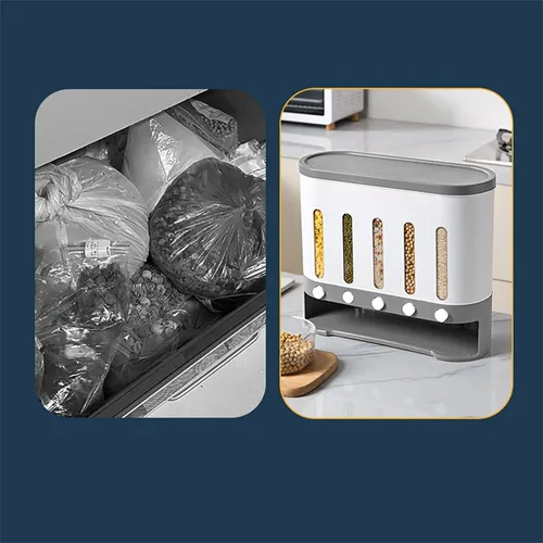 Vista 7 de TFCFL Dispensador de alimentos secos montado en la pared de 5 rejillas de 10L, dispensadores de cereales, contenedor de almacenamiento de alimentos