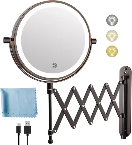 Vista 9 de 8" recargable montado en la pared espejo de maquillaje aumento echado a un lado doble 5000mAh Lighted Magnifying Mirror with 3 Color Lights Touch
